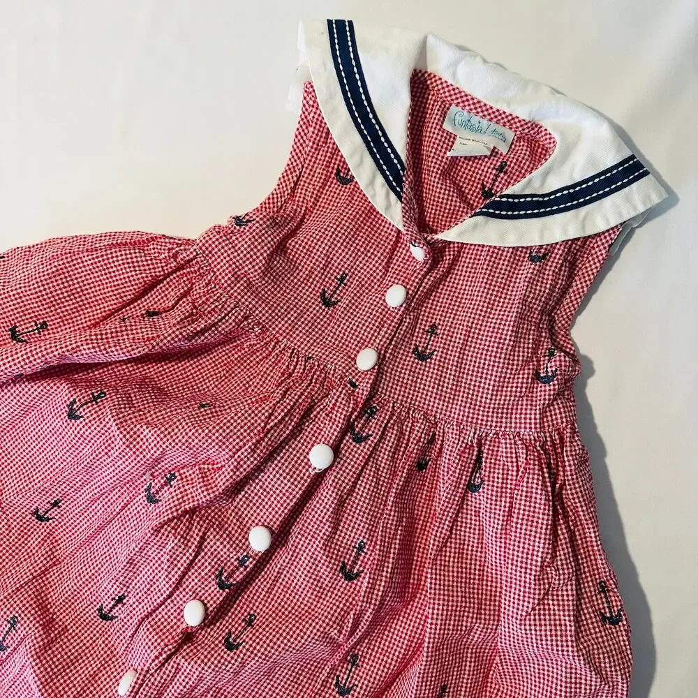 Vintage 90s Funtasia! Too Dallas Embroidered Red Gingham Anchor Sailor Dress S 4